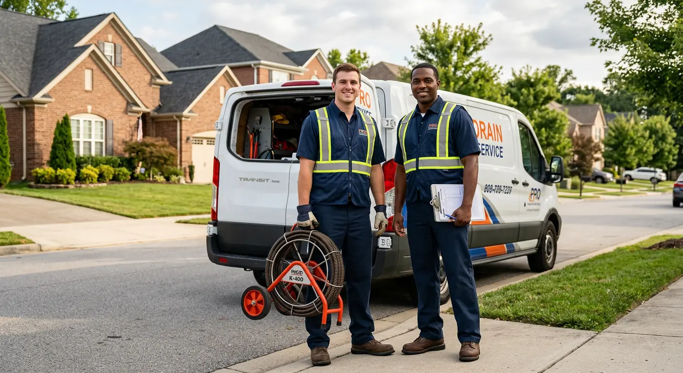 Sewer and drain service team with equipment ready for work in Freeport