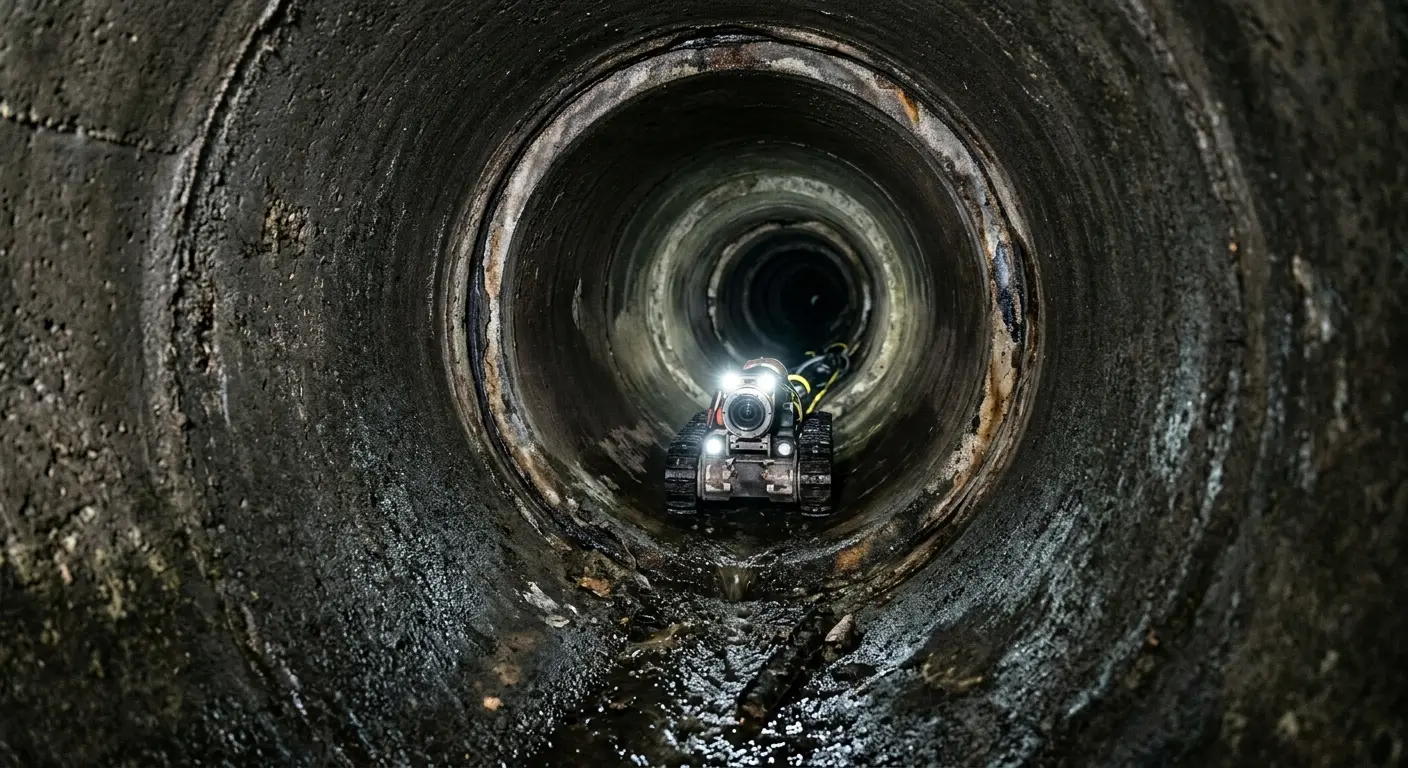 Robotic sewer camera inspecting pipe interior for Sewer Line Cleaning in Freeport